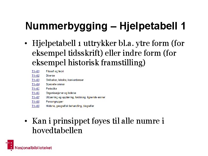 Nummerbygging – Hjelpetabell 1 • Hjelpetabell 1 uttrykker bl. a. ytre form (for eksempel