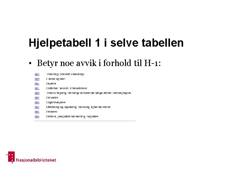 Hjelpetabell 1 i selve tabellen • Betyr noe avvik i forhold til H-1: 