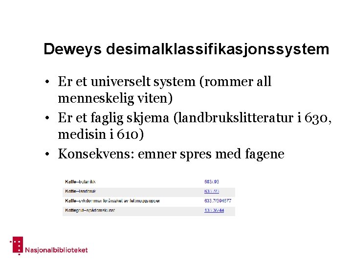 Deweys desimalklassifikasjonssystem • Er et universelt system (rommer all menneskelig viten) • Er et