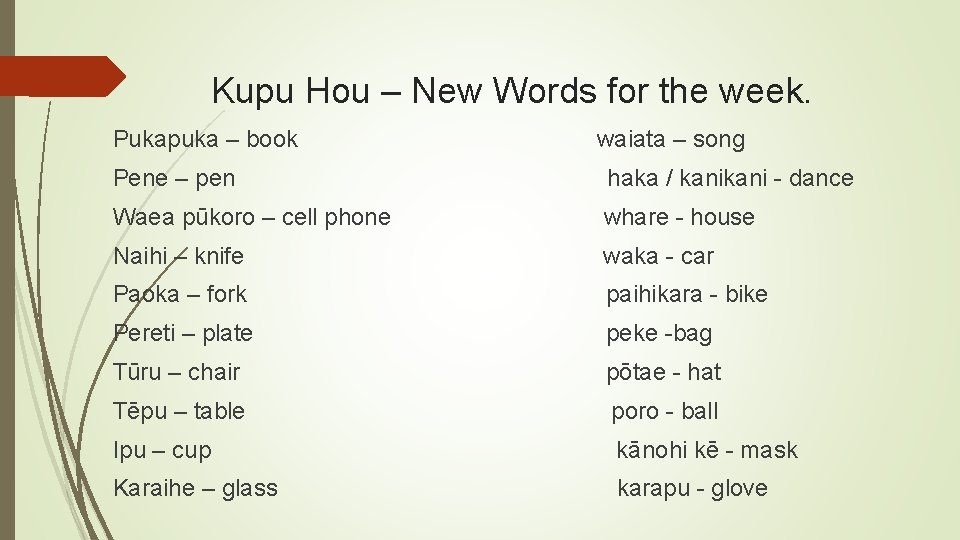 Kupu Hou – New Words for the week. Pukapuka – book waiata – song