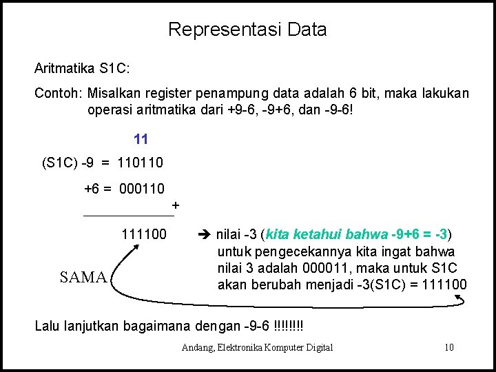 Representasi Data Aritmatika S 1 C: Contoh: Misalkan register penampung data adalah 6 bit,