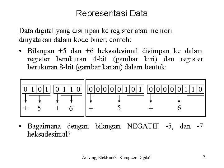 Representasi Data digital yang disimpan ke register atau memori dinyatakan dalam kode biner, contoh: