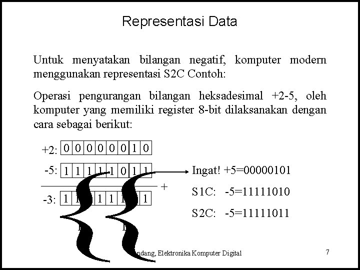 Representasi Data Untuk menyatakan bilangan negatif, komputer modern menggunakan representasi S 2 C Contoh: