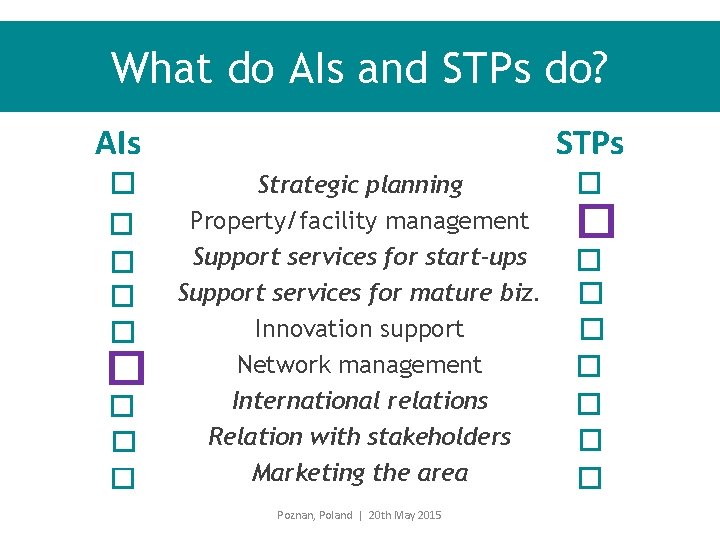 What do AIs and STPs do? AIs � � � � � STPs Strategic