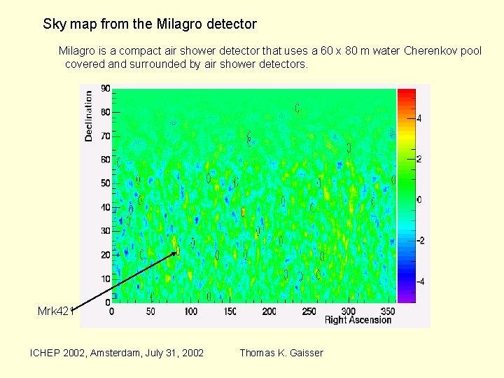 Sky map from the Milagro detector Milagro is a compact air shower detector that