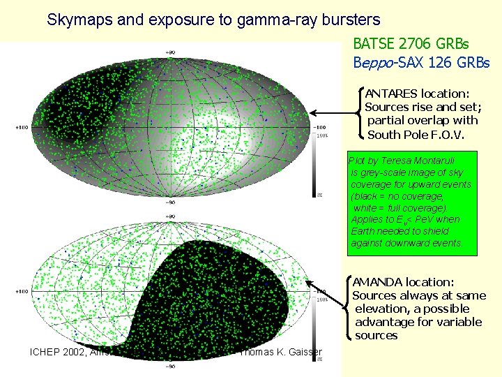 Skymaps and exposure to gamma-ray bursters BATSE 2706 GRBs Beppo-SAX 126 GRBs ANTARES location: