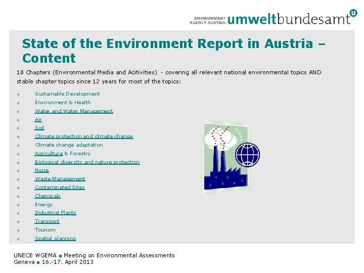 State of the Environment Report in Austria – Content 18 Chapters (Environmental Media and