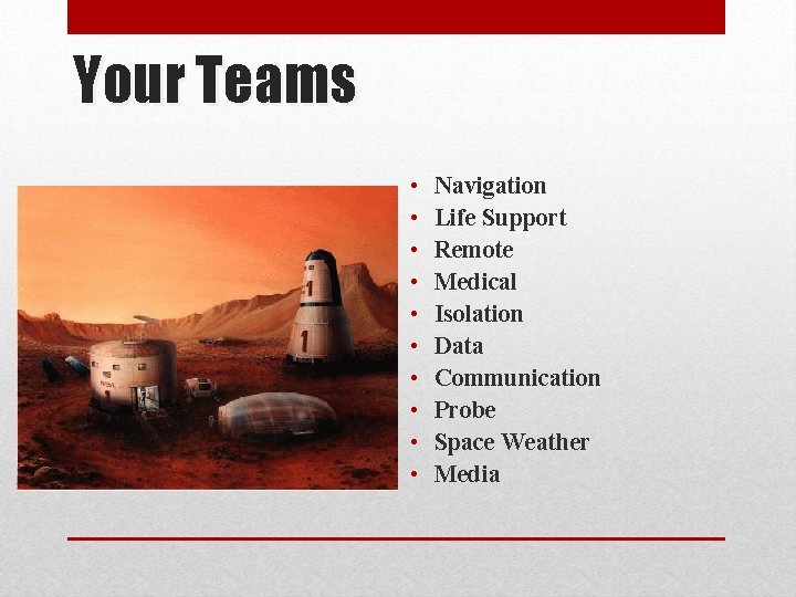 Your Teams • • • Navigation Life Support Remote Medical Isolation Data Communication Probe