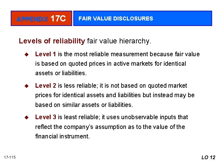 APPENDIX 17 C FAIR VALUE DISCLOSURES Levels of reliability fair value hierarchy. u Level