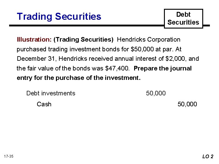 Debt Securities Trading Securities Illustration: (Trading Securities) Hendricks Corporation purchased trading investment bonds for