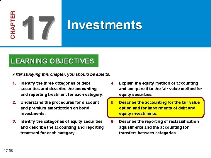 17 Investments LEARNING OBJECTIVES After studying this chapter, you should be able to: 1.