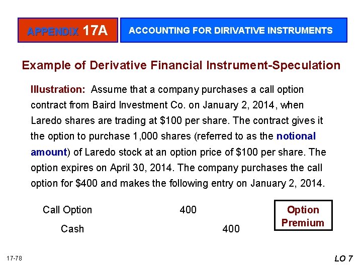 APPENDIX 17 A ACCOUNTING FOR DIRIVATIVE INSTRUMENTS Example of Derivative Financial Instrument-Speculation Illustration: Assume