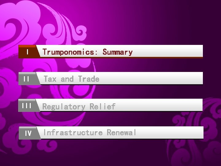 I Trumponomics: Summary II Tax and Trade III Regulatory Relief IV Infrastructure Renewal 