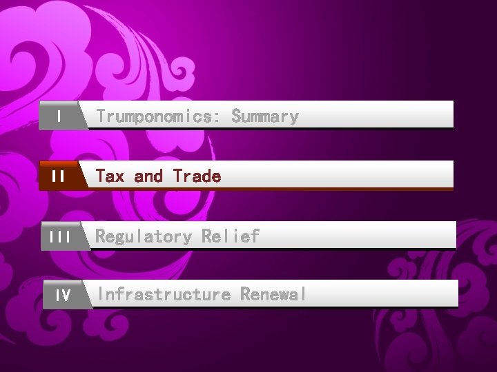 I Trumponomics: Summary II Tax and Trade III Regulatory Relief IV Infrastructure Renewal 