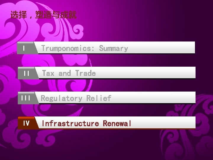 选择，塑造与成就 I Trumponomics: Summary II Tax and Trade III Regulatory Relief IV Infrastructure Renewal