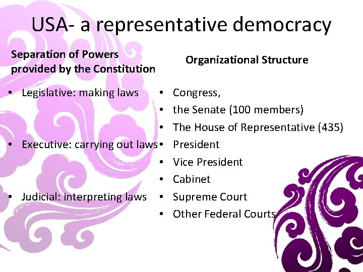 USA- a representative democracy Separation of Powers provided by the Constitution • Legislative: making