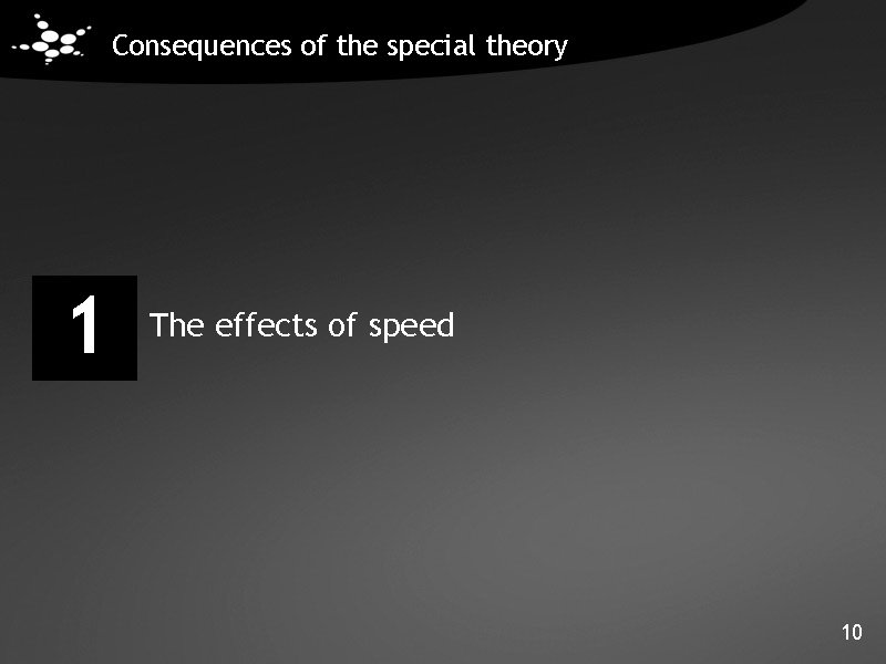 Consequences of the special theory 1 The effects of speed 10 Consequences of the special theory 1 The effects of speed 10