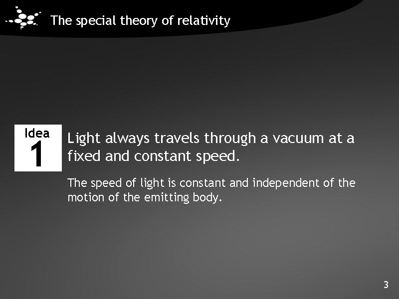 The special theory of relativity Idea 1 Light always travels through a vacuum at The special theory of relativity Idea 1 Light always travels through a vacuum at