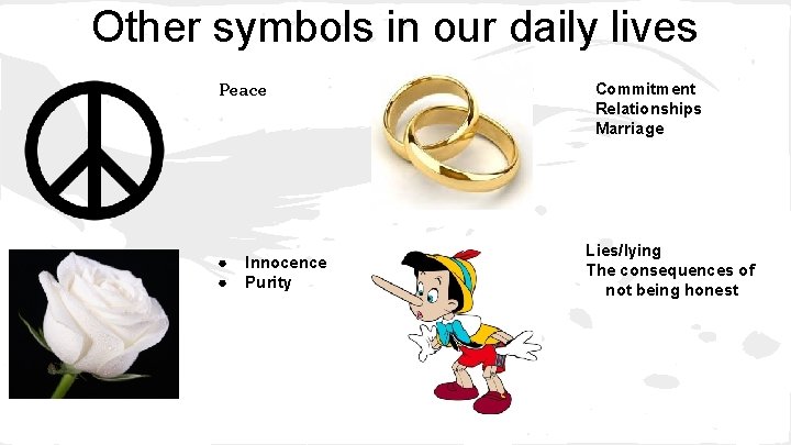 Other symbols in our daily lives Peace ● ● Innocence Purity Commitment Relationships Marriage