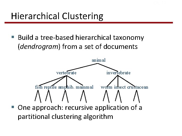 Ch. 17 Hierarchical Clustering § Build a tree-based hierarchical taxonomy (dendrogram) from a set