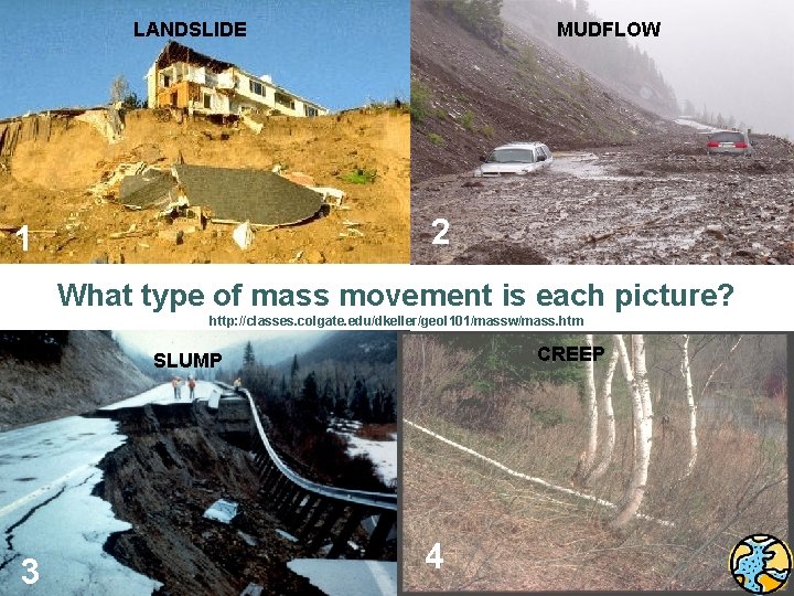 LANDSLIDE MUDFLOW 2 1 What type of mass movement is each picture? http: //classes.