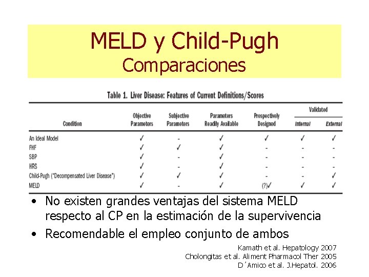 MELD y Child-Pugh Comparaciones • No existen grandes ventajas del sistema MELD respecto al