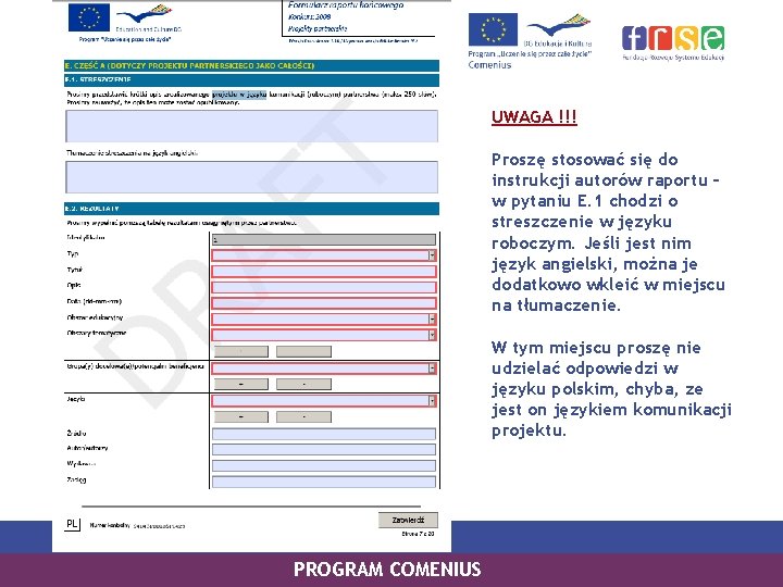 UWAGA !!! Proszę stosować się do instrukcji autorów raportu – w pytaniu E. 1