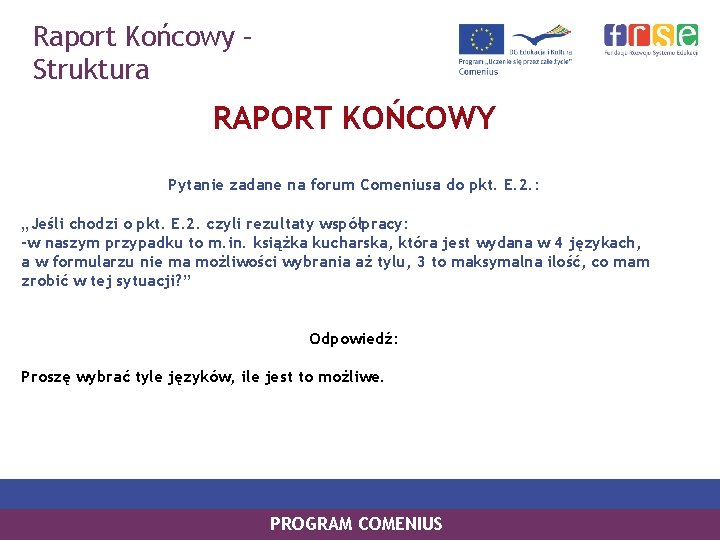 Raport Końcowy – Struktura RAPORT KOŃCOWY Pytanie zadane na forum Comeniusa do pkt. E.