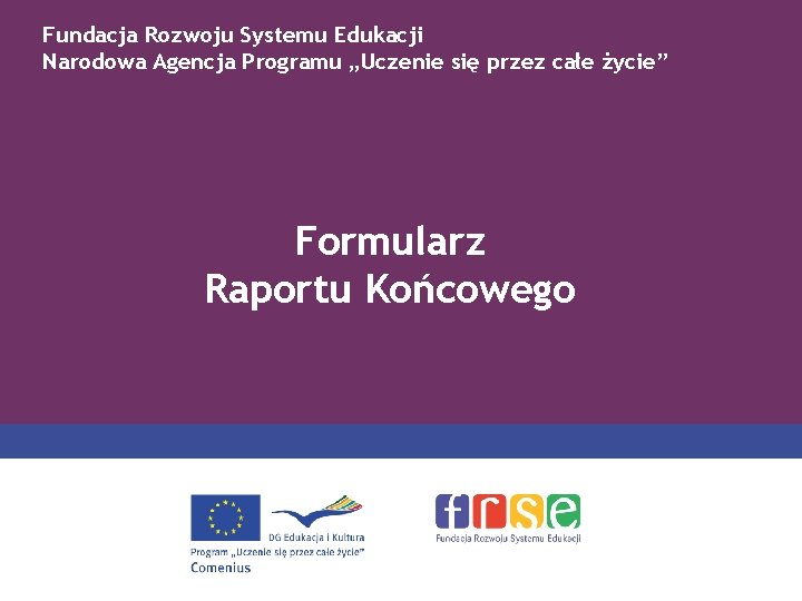 Fundacja Rozwoju Systemu Edukacji Narodowa Agencja Programu „Uczenie się przez całe życie” Formularz Raportu