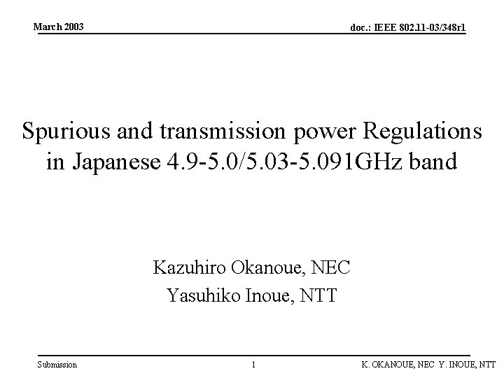 March 2003 doc. : IEEE 802. 11 -03/348 r 1 Spurious and transmission power