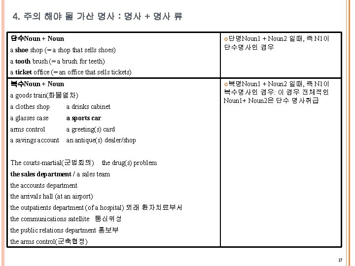 4. 주의 해야 될 가산 명사 : 명사 + 명사 류 단수Noun + Noun