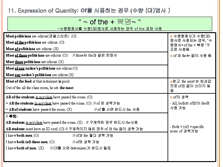 11. Expression of Quantity: Of를 사용하는 경우 (수량 (대)명사 ) “ ~ of the