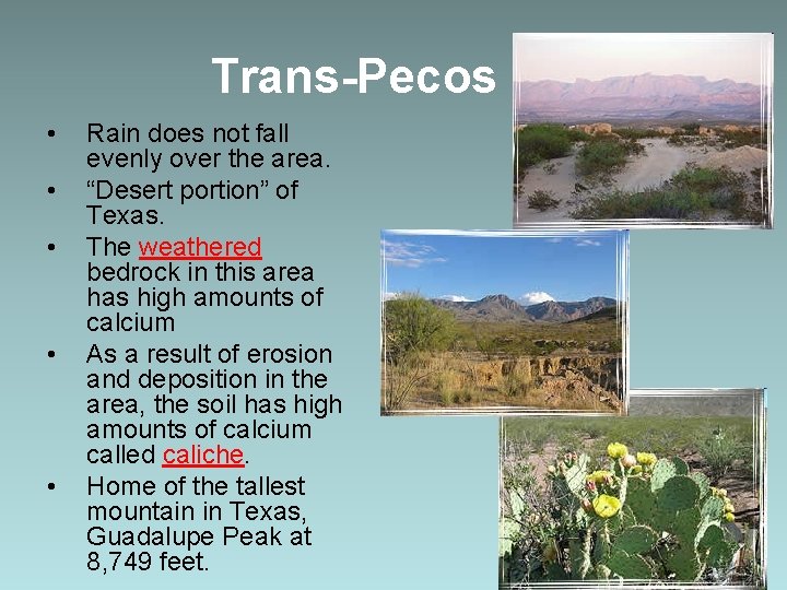 Trans-Pecos • • • Rain does not fall evenly over the area. “Desert portion”