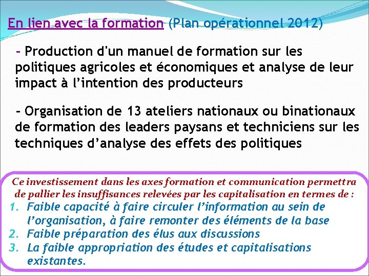 En lien avec la formation (Plan opérationnel 2012) - Production d'un manuel de formation