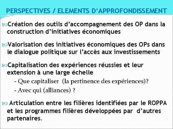 PERSPECTIVES / ELEMENTS D’APPROFONDISSEMENT Création des outils d’accompagnement des OP dans la construction d’initiatives