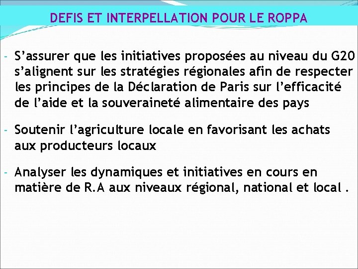 DEFIS ET INTERPELLATION POUR LE ROPPA - S’assurer que les initiatives proposées au niveau