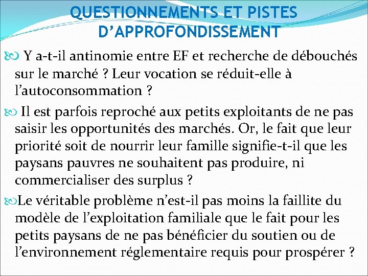 QUESTIONNEMENTS ET PISTES D’APPROFONDISSEMENT Y a-t-il antinomie entre EF et recherche de débouchés sur