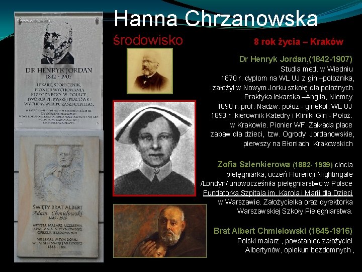 Hanna Chrzanowska środowisko 8 rok życia – Kraków Dr Henryk Jordan, (1842 -1907) Studia