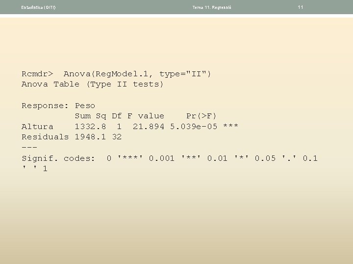 Estadística (GITI) Tema 11. Regressió 11 Rcmdr> Anova(Reg. Model. 1, type="II") Anova Table (Type