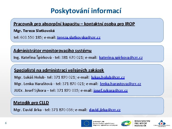 Poskytování informací Pracovník pro absorpční kapacitu – kontaktní osoba pro IROP Mgr. Tereza Slatkovská