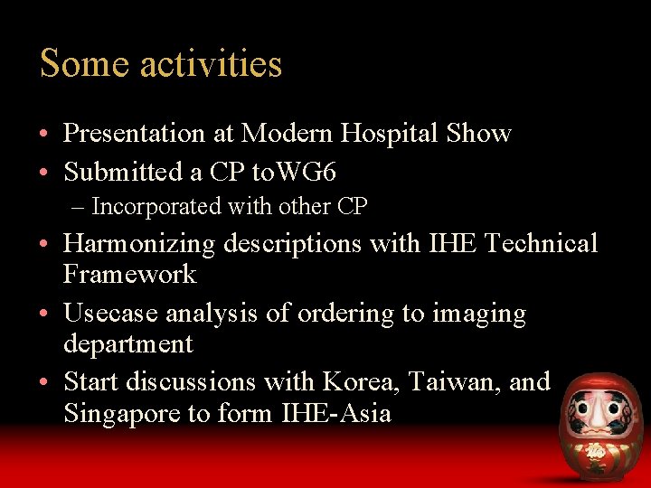 Some activities • Presentation at Modern Hospital Show • Submitted a CP to. WG