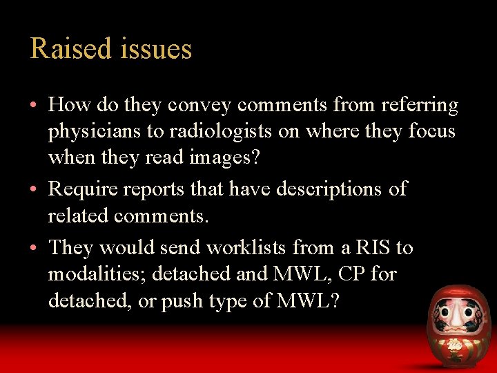 Raised issues • How do they convey comments from referring physicians to radiologists on