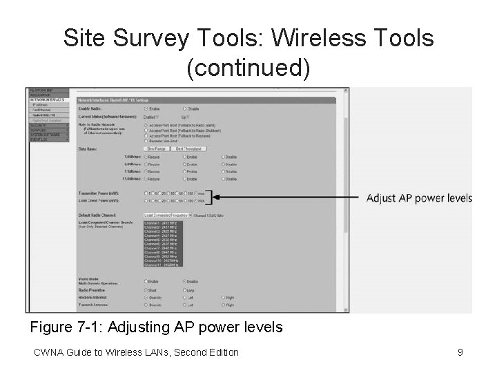 Site Survey Tools: Wireless Tools (continued) Figure 7 -1: Adjusting AP power levels CWNA