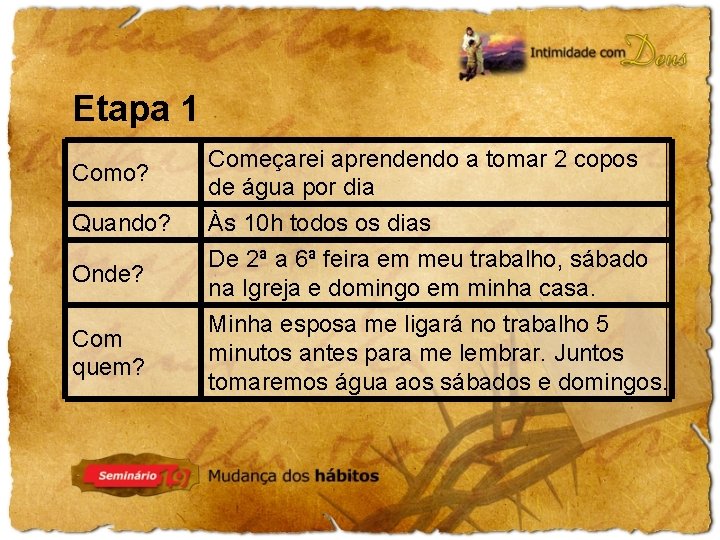 Etapa 1 Como? Quando? Onde? Com quem? Começarei aprendendo a tomar 2 copos de