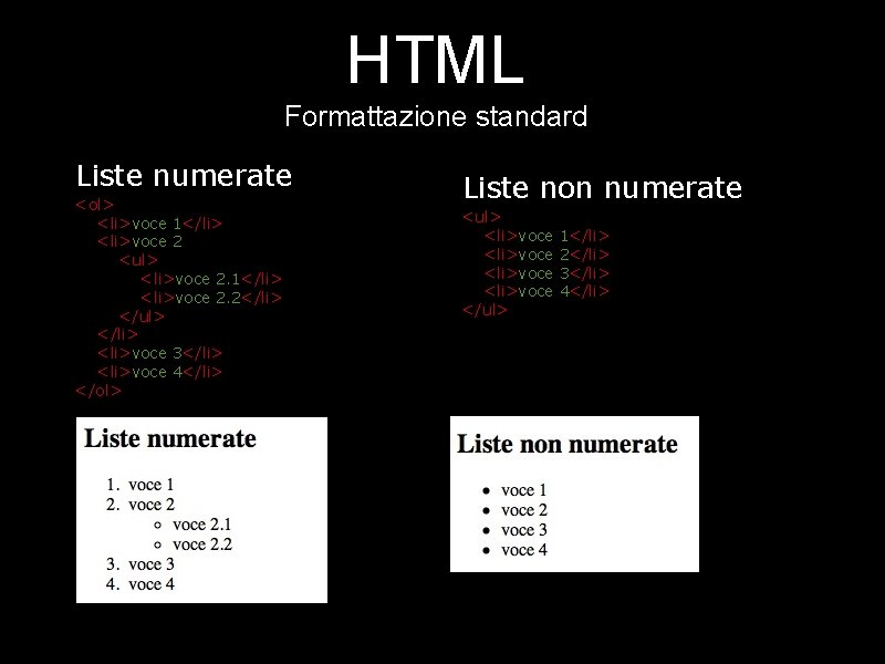 HTML Formattazione standard Liste numerate <ol> <li>voce 1</li> <li>voce 2 <ul> <li>voce 2. 1</li>