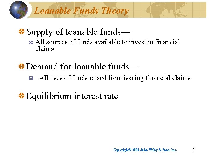 Loanable Funds Theory Supply of loanable funds— All sources of funds available to invest
