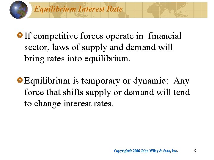 Equilibrium Interest Rate If competitive forces operate in financial sector, laws of supply and