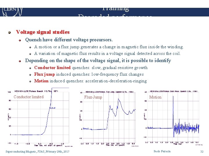 Training Degraded performance Voltage signal studies Quench have different voltage precursors. A motion or