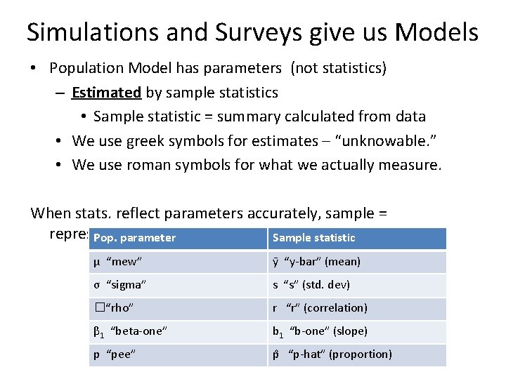 Simulations and Surveys give us Models • Population Model has parameters (not statistics) –