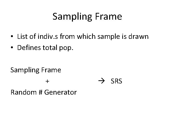 Sampling Frame • List of indiv. s from which sample is drawn • Defines